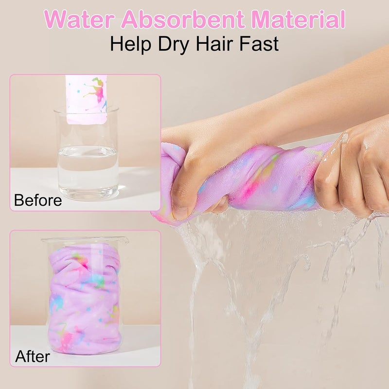 Basumee Microfiber Hair Towel Wrap for Kids 2 Pack Rapid Drying Hair Towel with Button Hair Turbans for Wet Hair Wraps Head Towel Wrap for Women and Girls, Dark Unicorn - Image 2